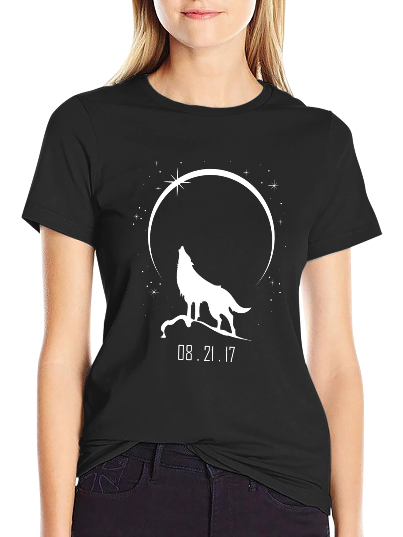 Black Wolf Howling at Moon T-Shirt - August 21, 2017 Eclipse view 2
