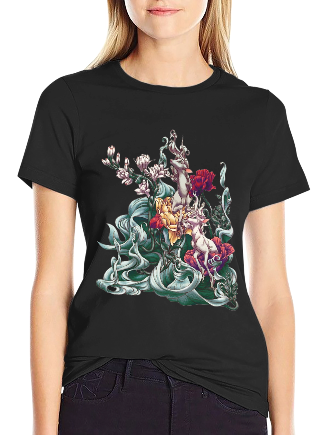 Black Floral Deer Graphic Tee - Unique Black T-Shirt view 2