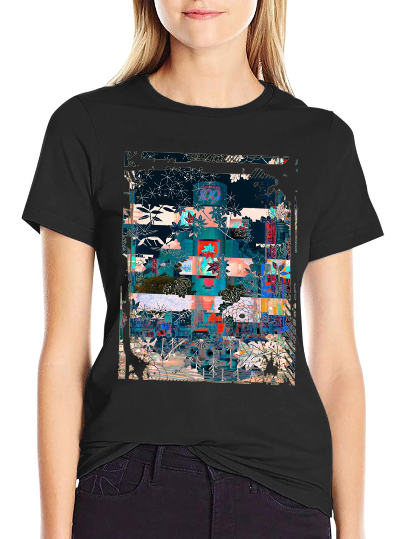 Black Abstract Floral Urban T-Shirt view 2