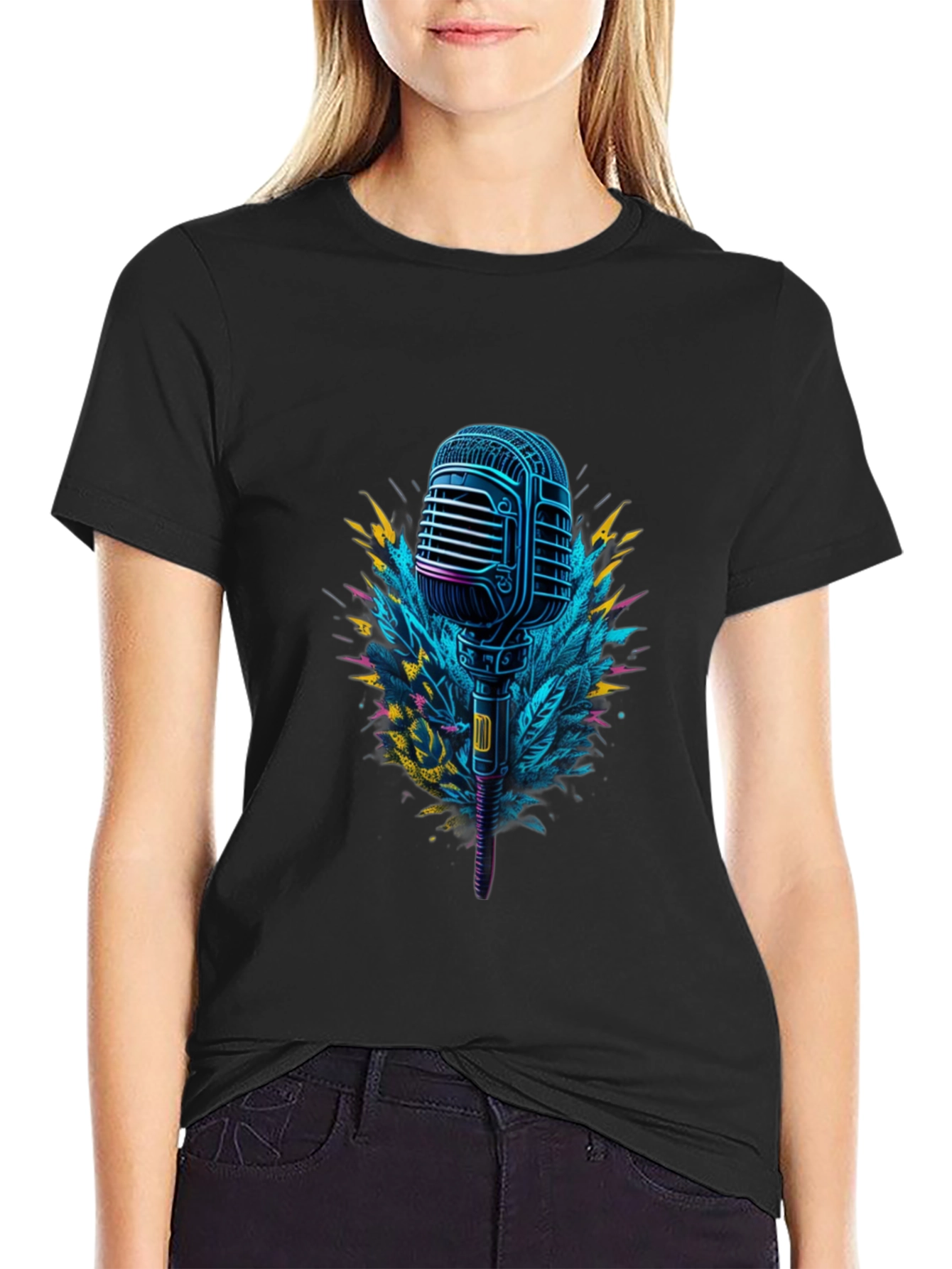 Black Retro Microphone Graphic Tee - Cool Musician Style view 2