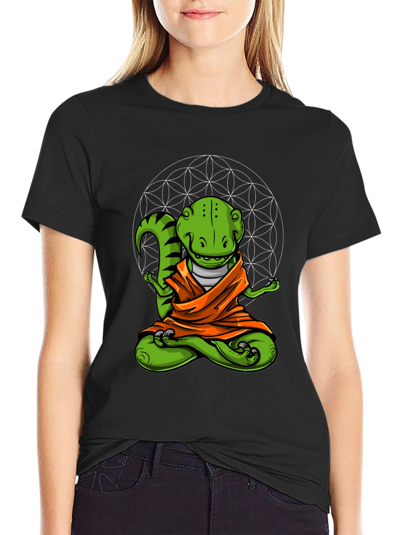 Black Zen Dino T-Shirt - Meditating Reptile Tee view 2