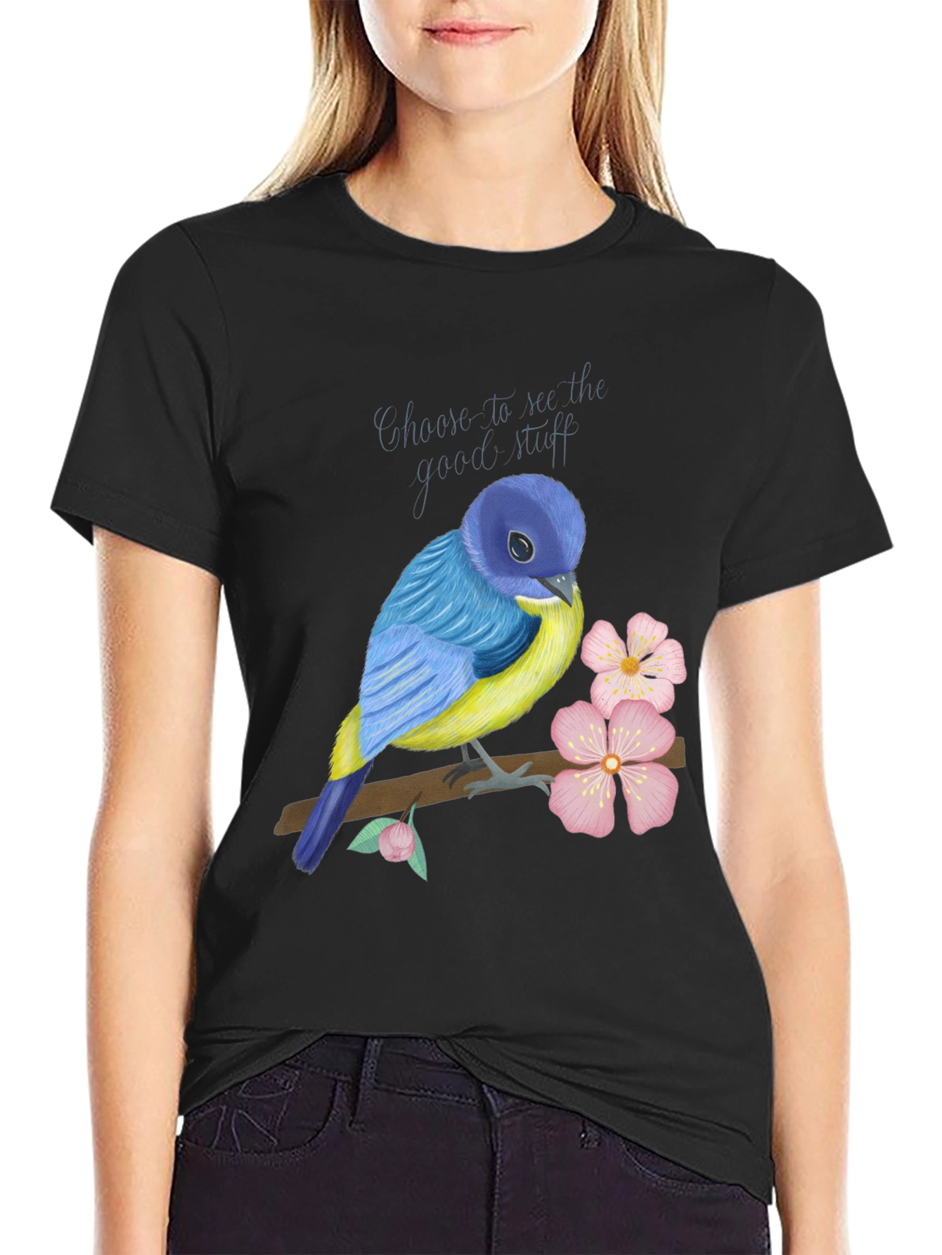 Black Blue Bird Graphic T-Shirt - Choose to See the Good view 2