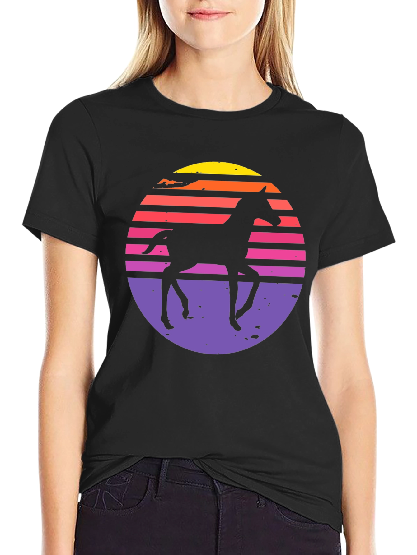 Black Retro Horse Sunset Graphic T-Shirt view 2