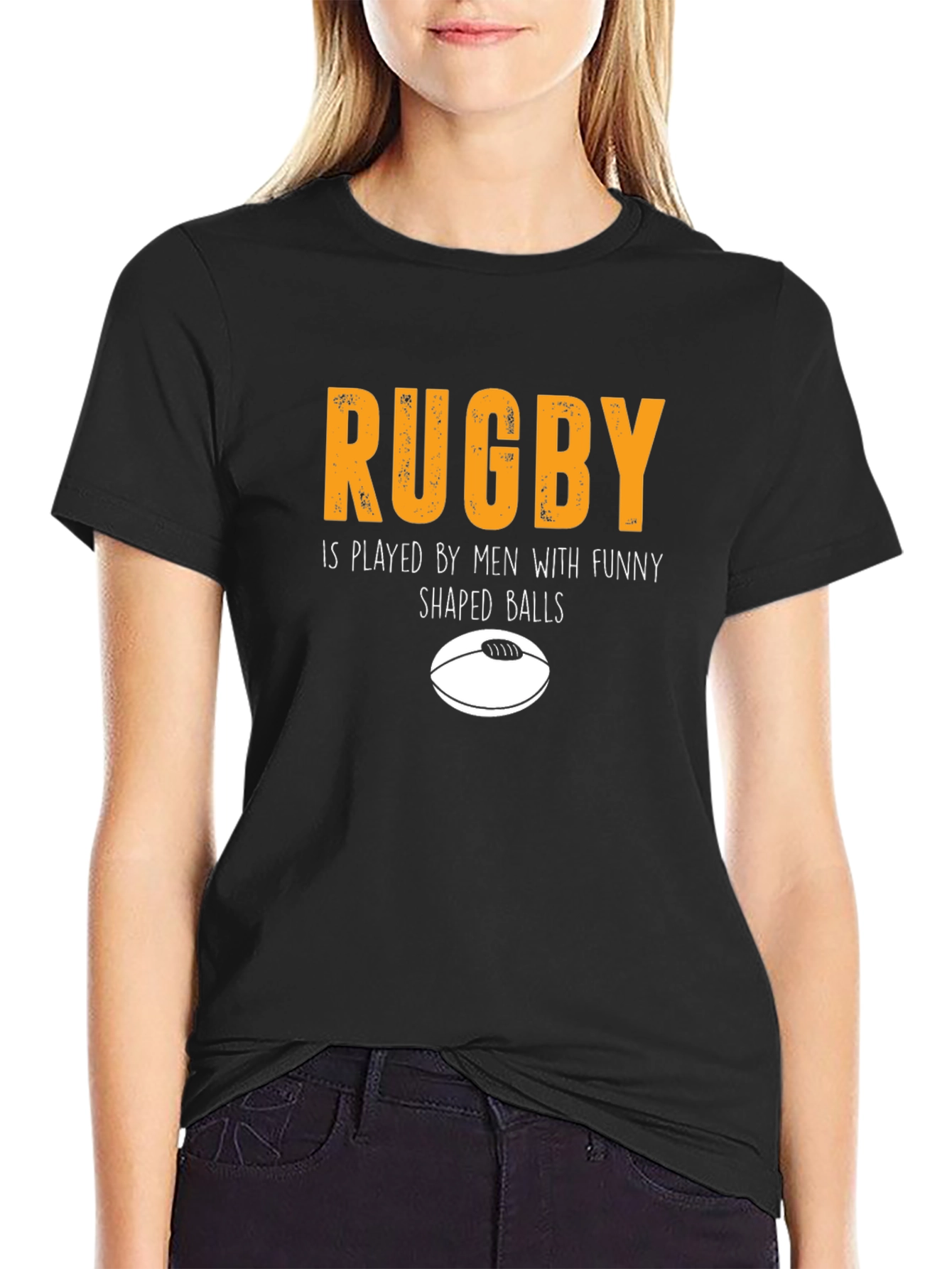 Black Funny Rugby Graphic Tee - "Shaped Balls" Humor T-Shirt view 2
