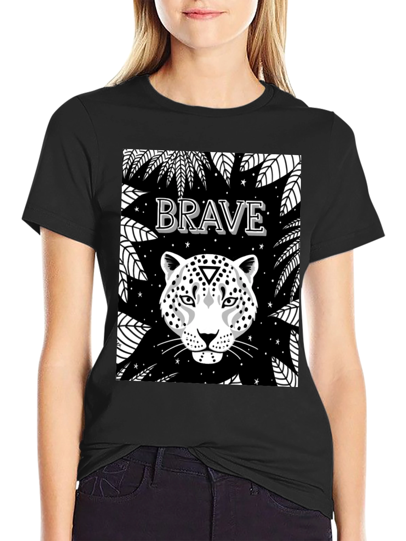 Black Brave Leopard Graphic Tee - Black Crew Neck view 2