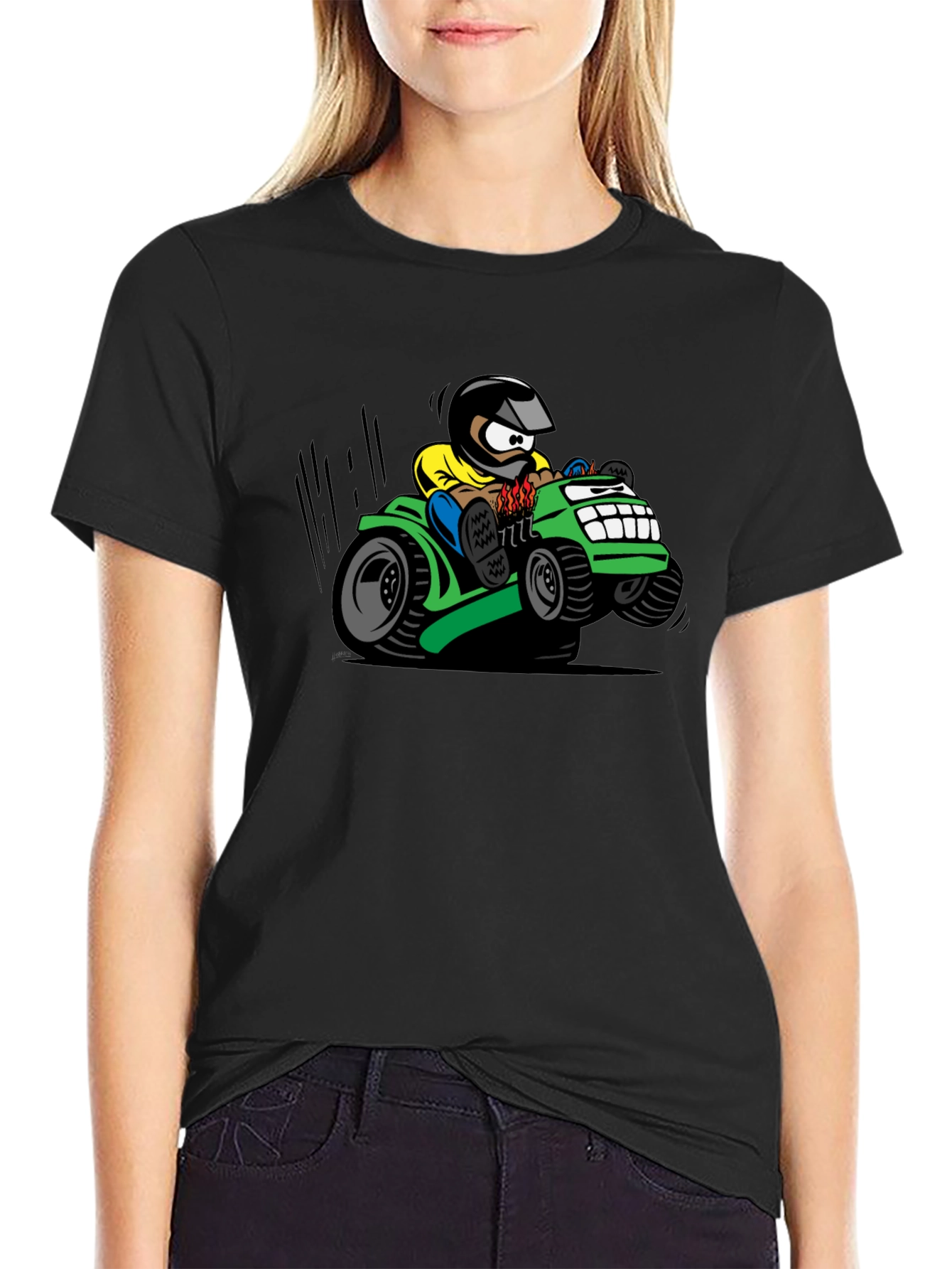Black Cartoon Lawn Mower Rider Graphic Tee view 2