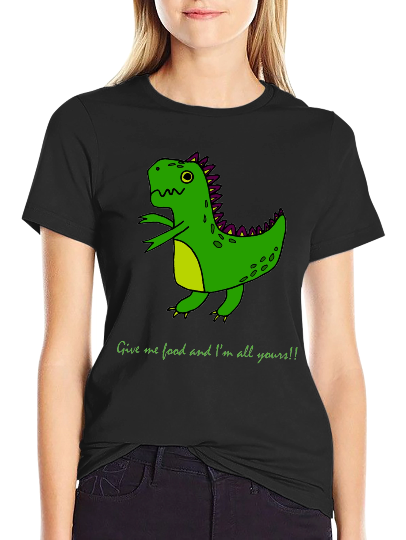 Black Funny Dinosaur Graphic Tee - Give me Food! view 2