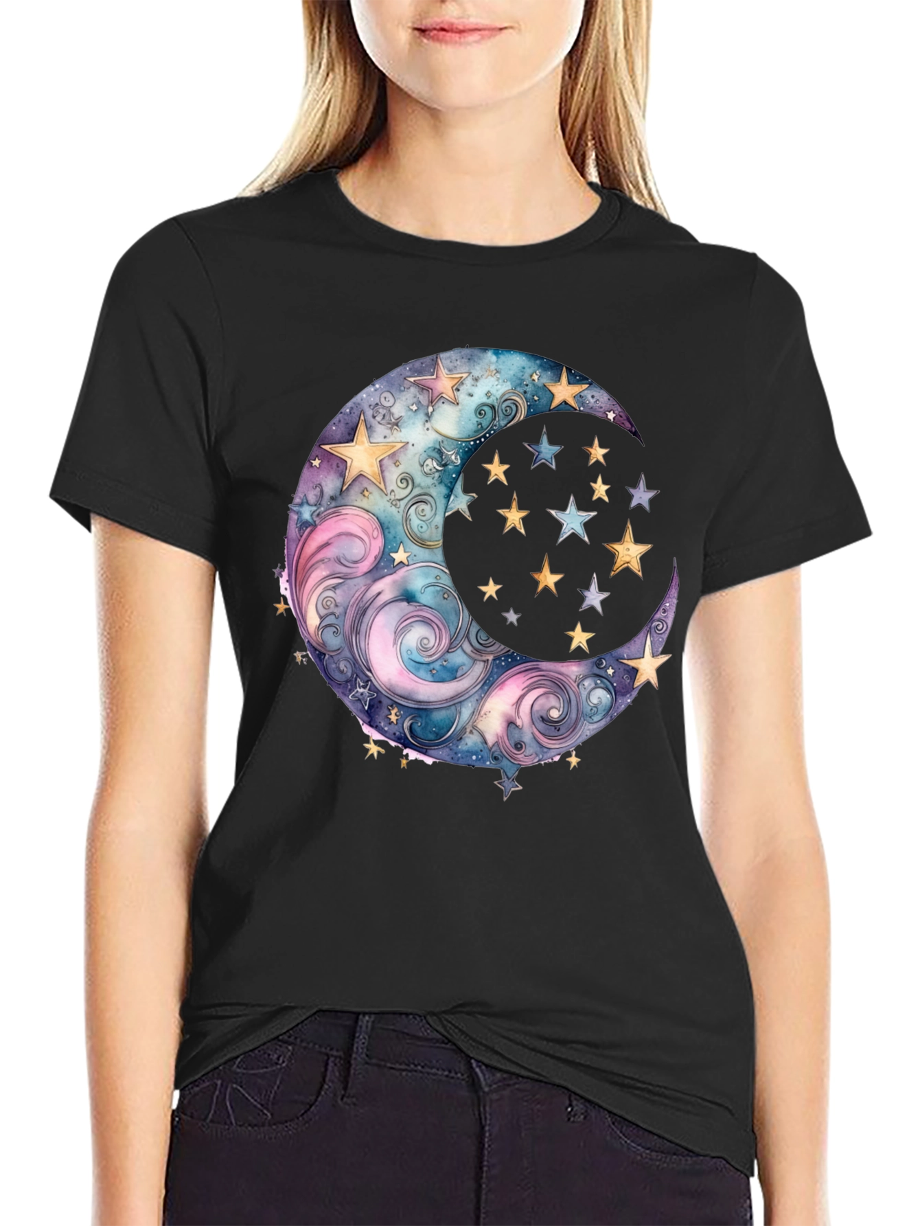 Black Celestial Moon and Stars Graphic Tee - Black view 2