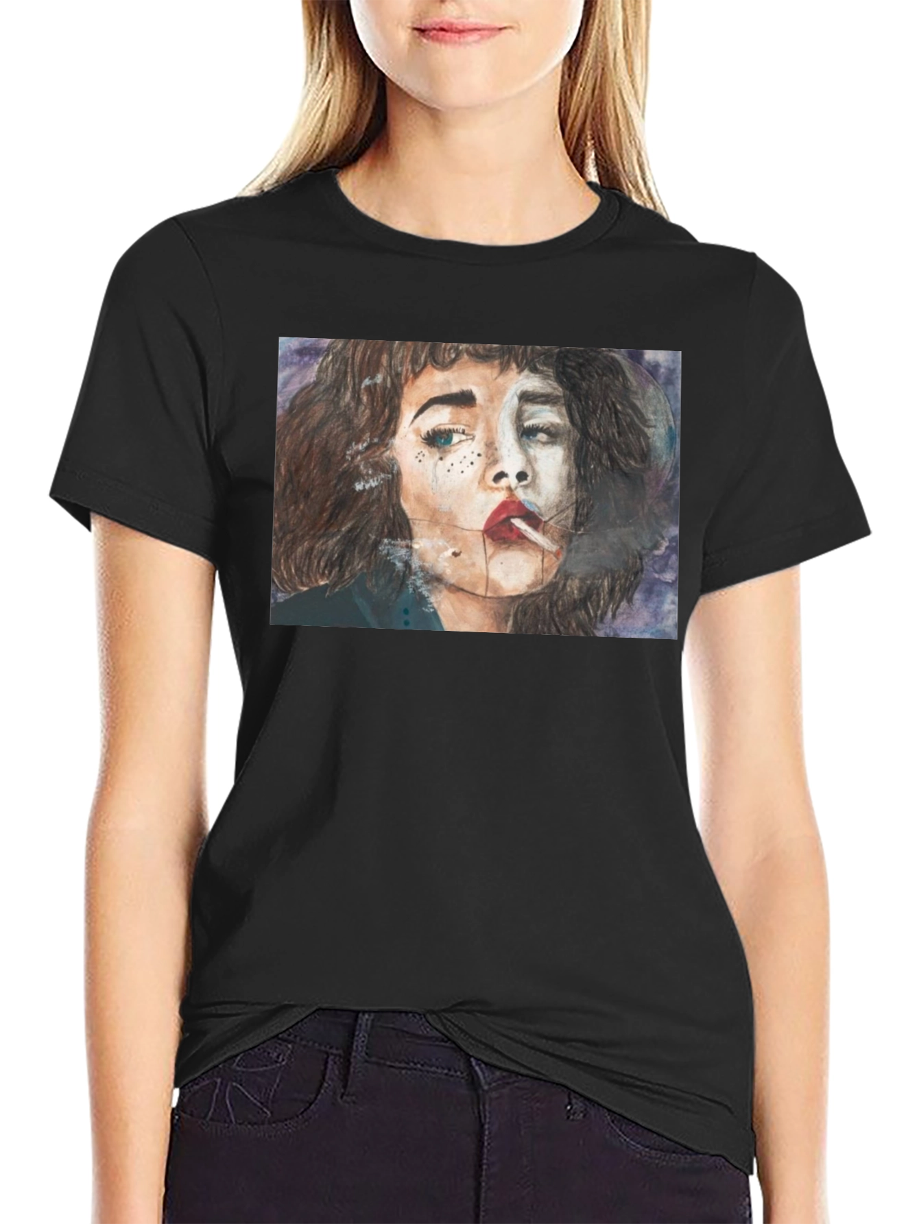 Black Smoking Woman Graphic Tee - Unisex Black T-Shirt view 2