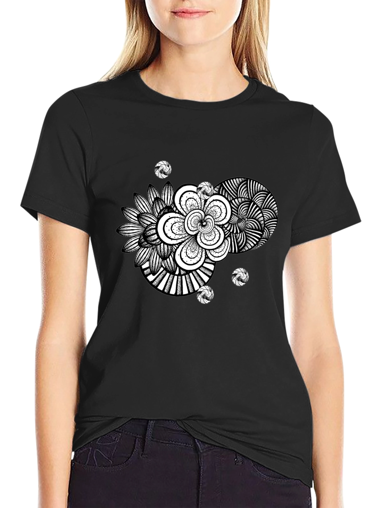 Black Abstract Floral Graphic Black T-Shirt view 2