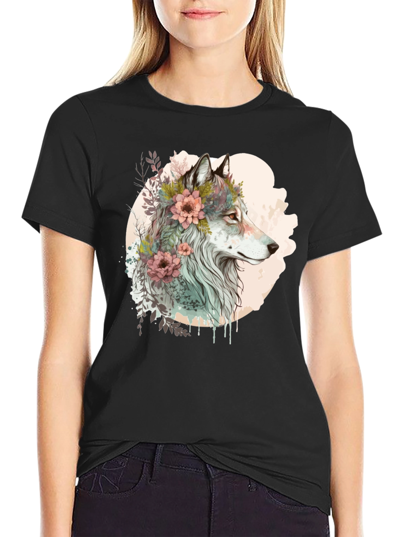 Black Wolf and Floral Graphic Tee - Stylish Men's Black T-Shirt view 2