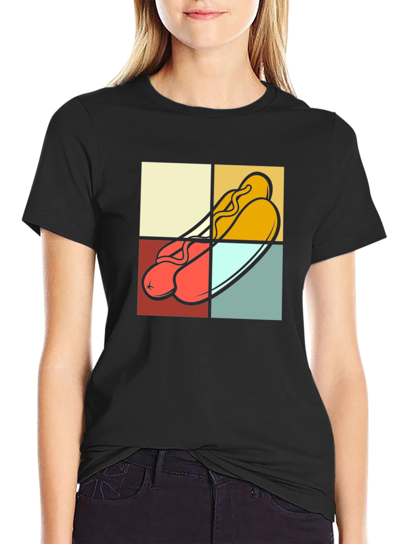 Black Retro Hotdog Graphic T-Shirt - Black Cotton Tee view 2