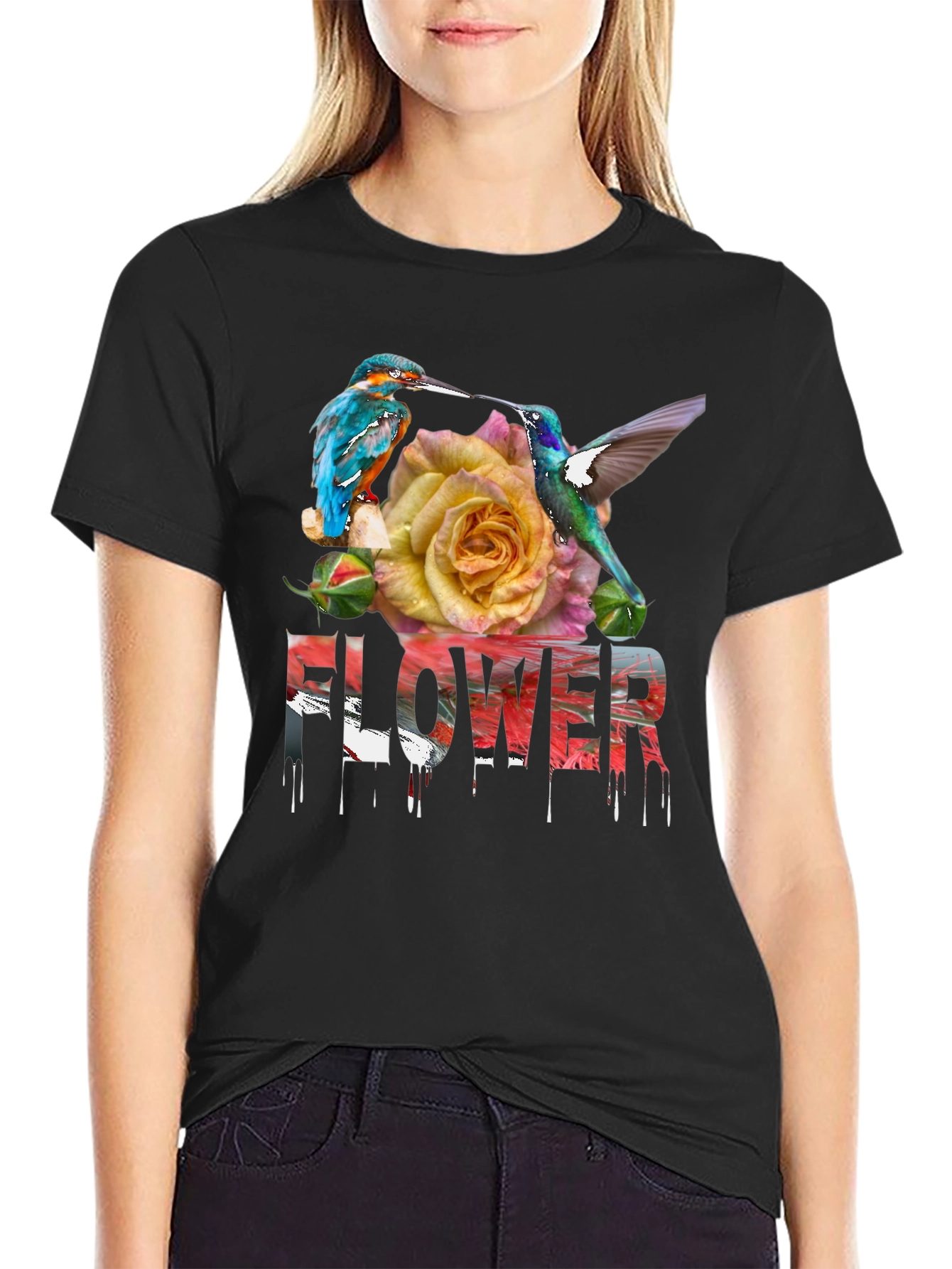 Black Floral Bird T-Shirt view 2