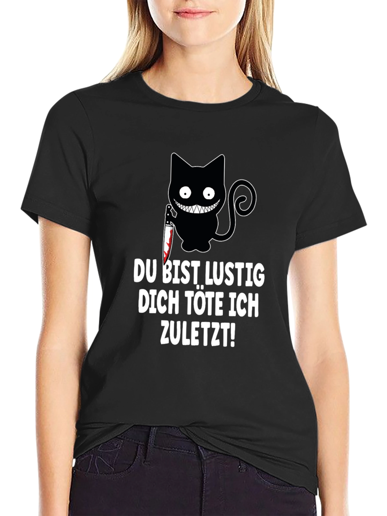 Black Creepy Cat Knife T-Shirt: Du Bist Lustig... view 2
