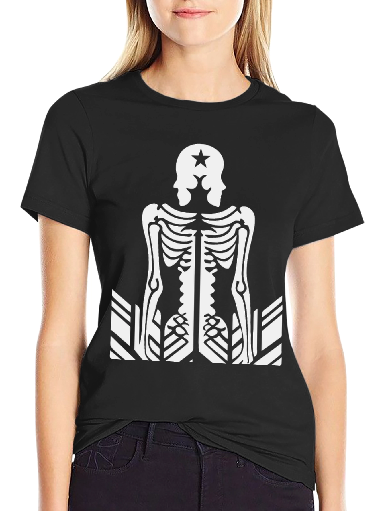 Black Skeleton Double Head Star Black Graphic Tee view 2
