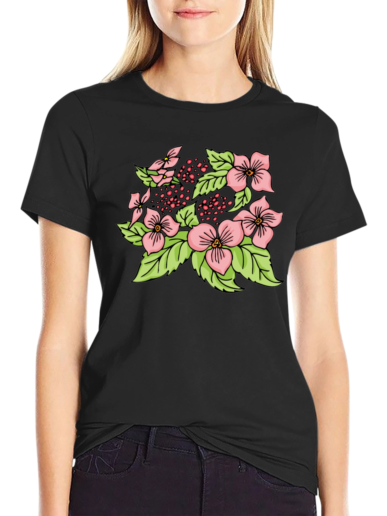Black Floral Print Black T-Shirt view 2