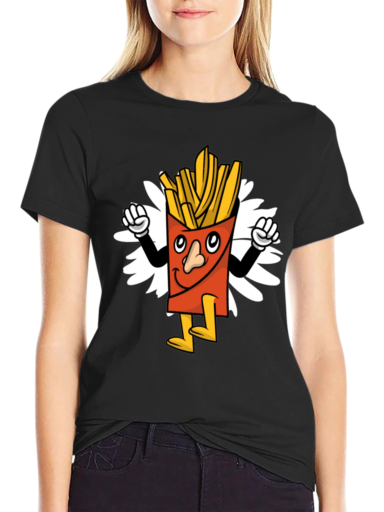 Black Cartoon Fries Graphic Tee - Black Casual T-Shirt view 2