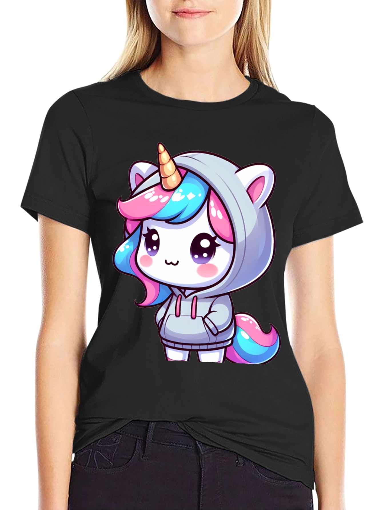 Black Unicorn Hoodie Graphic Tee - Men's Black T-Shirt view 2