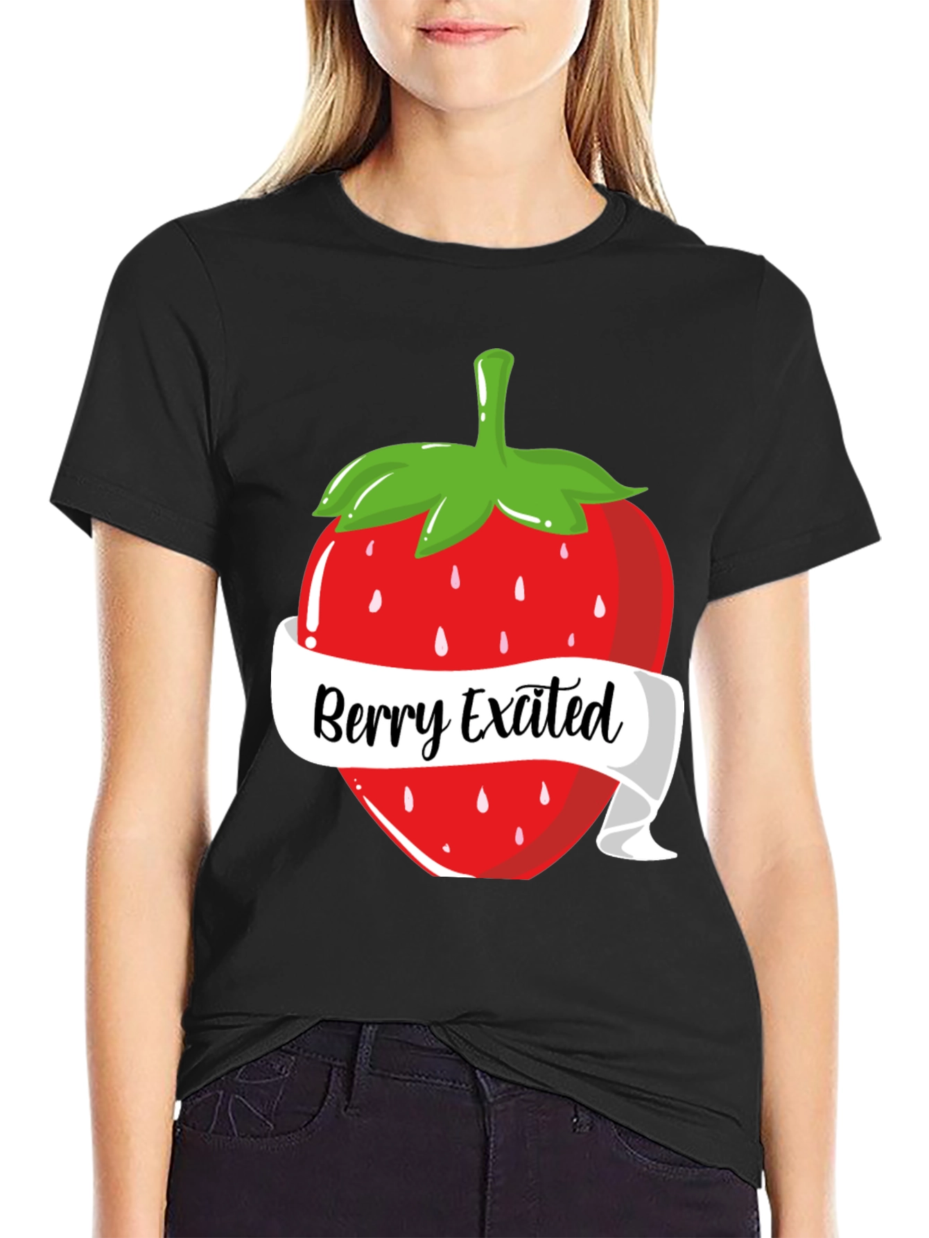 Black Berry Excited T-Shirt: Fun Strawberry Design view 2