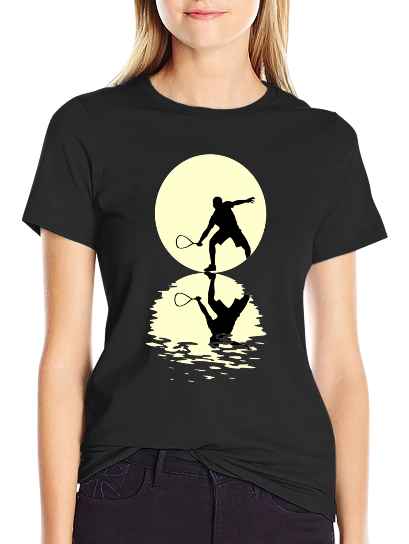 Black Squash Player Moon Reflection Graphic T-Shirt view 2