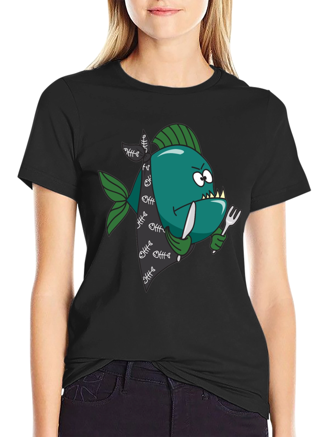 Black Cartoon Piranha T-Shirt - Graphic Print view 2