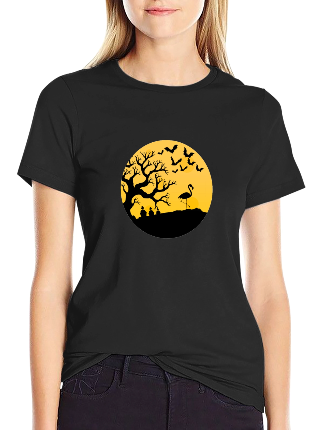 Black Halloween Tree Flamingo Tee view 2