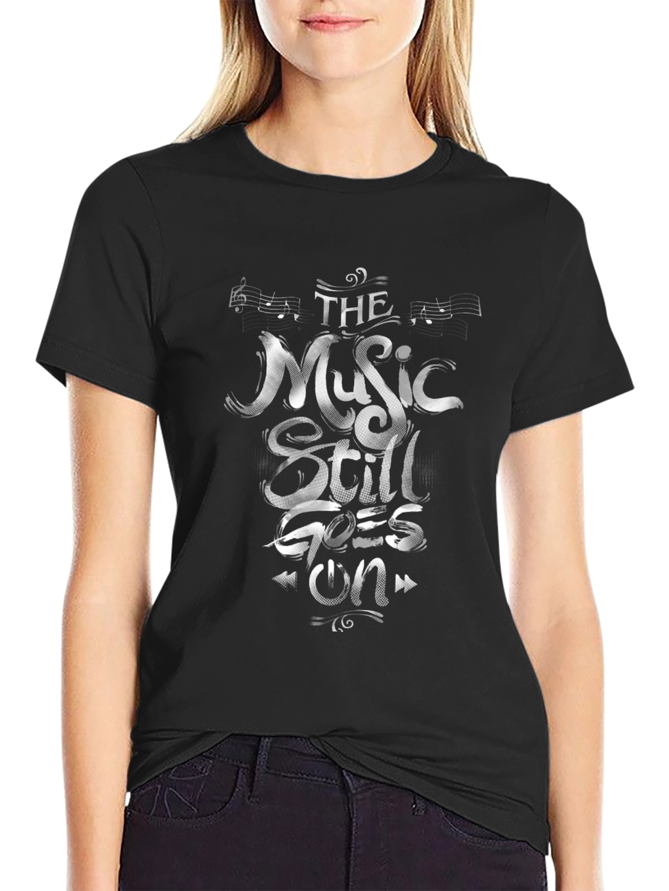 Black The Music Still Goes On Graphic T-Shirt view 2