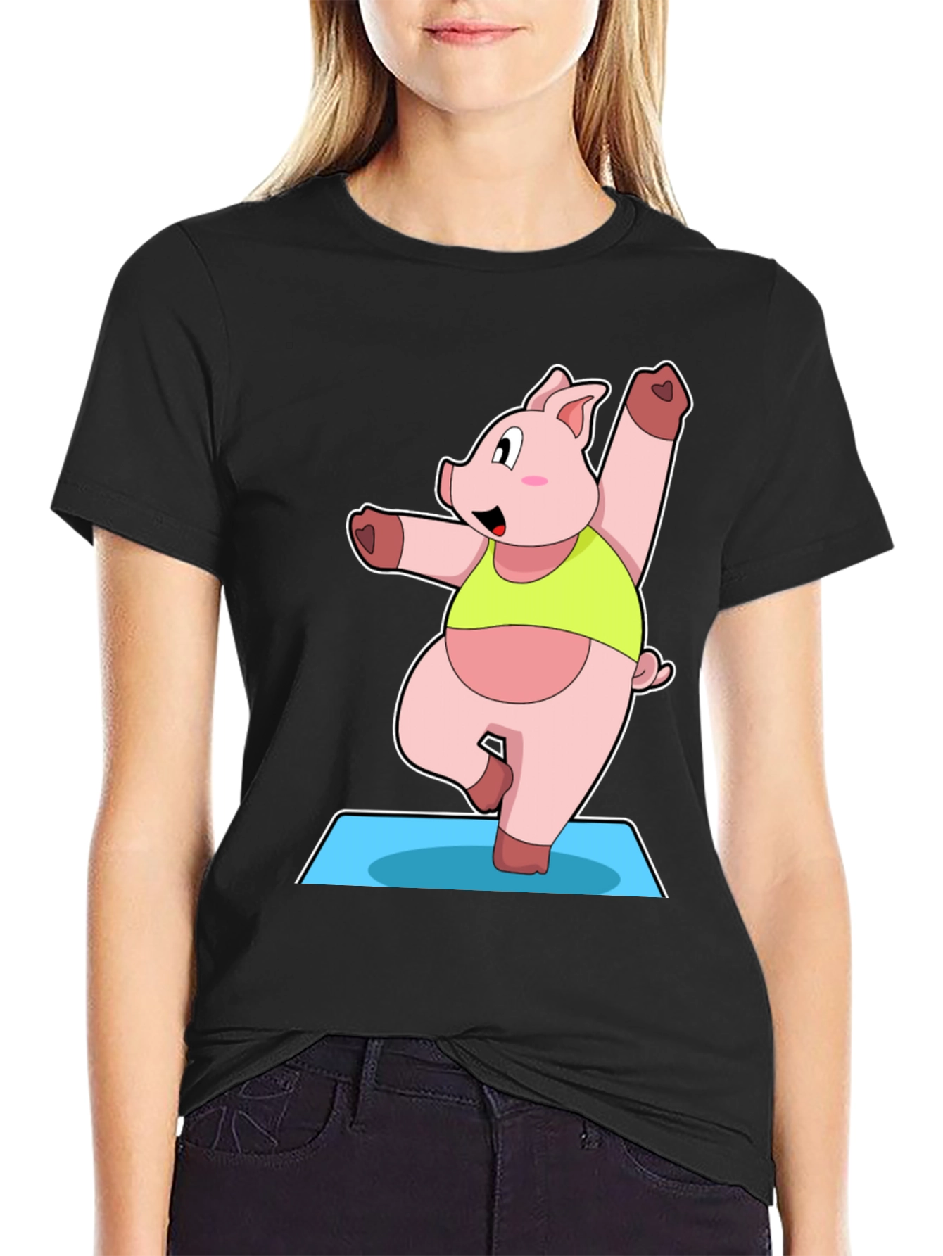Black Yoga Pig Black T-Shirt - Funny Cartoon Animal Tee view 2
