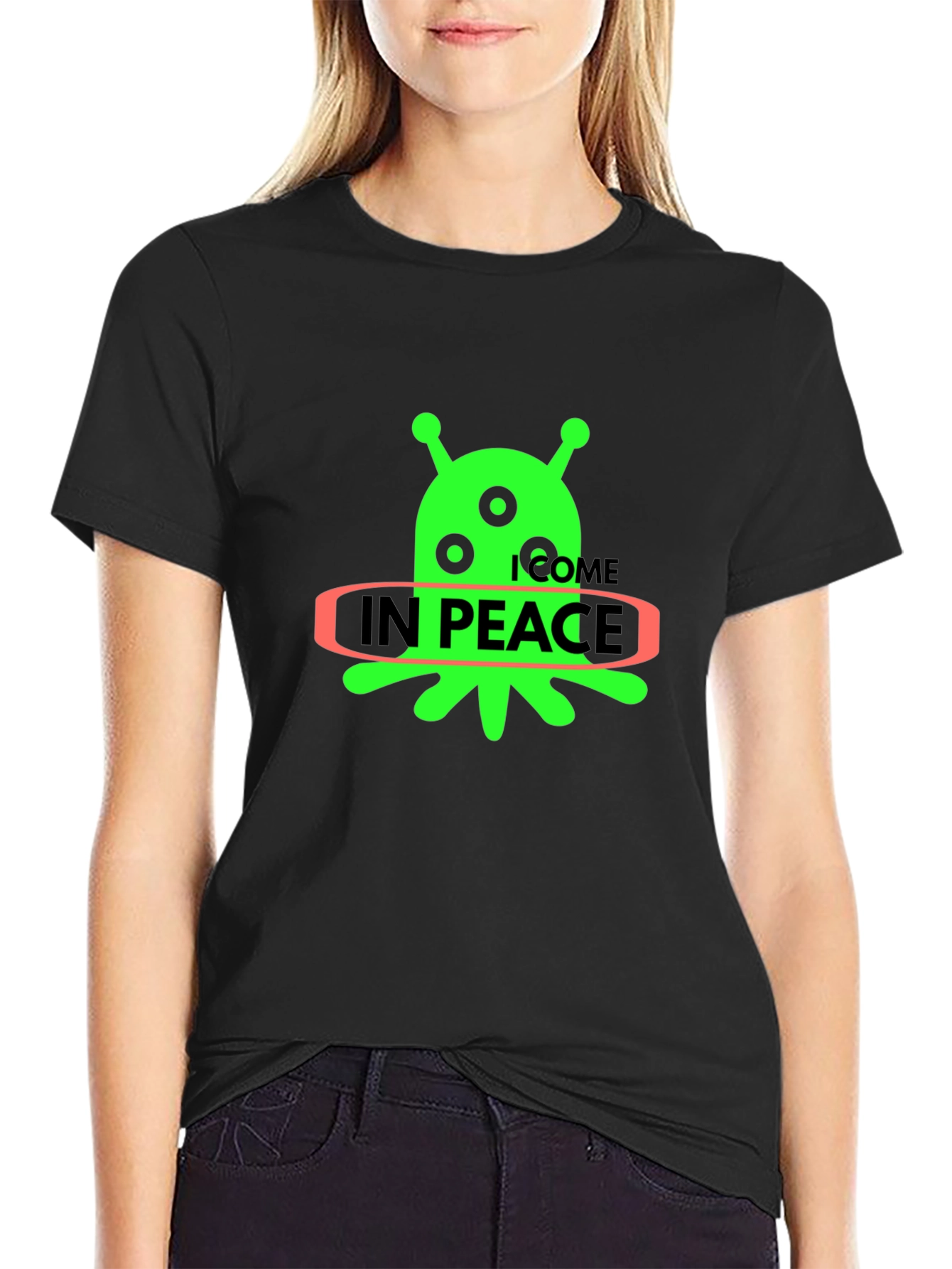 Black Alien "In Peace" Graphic T-Shirt - Black Cotton Blend view 2