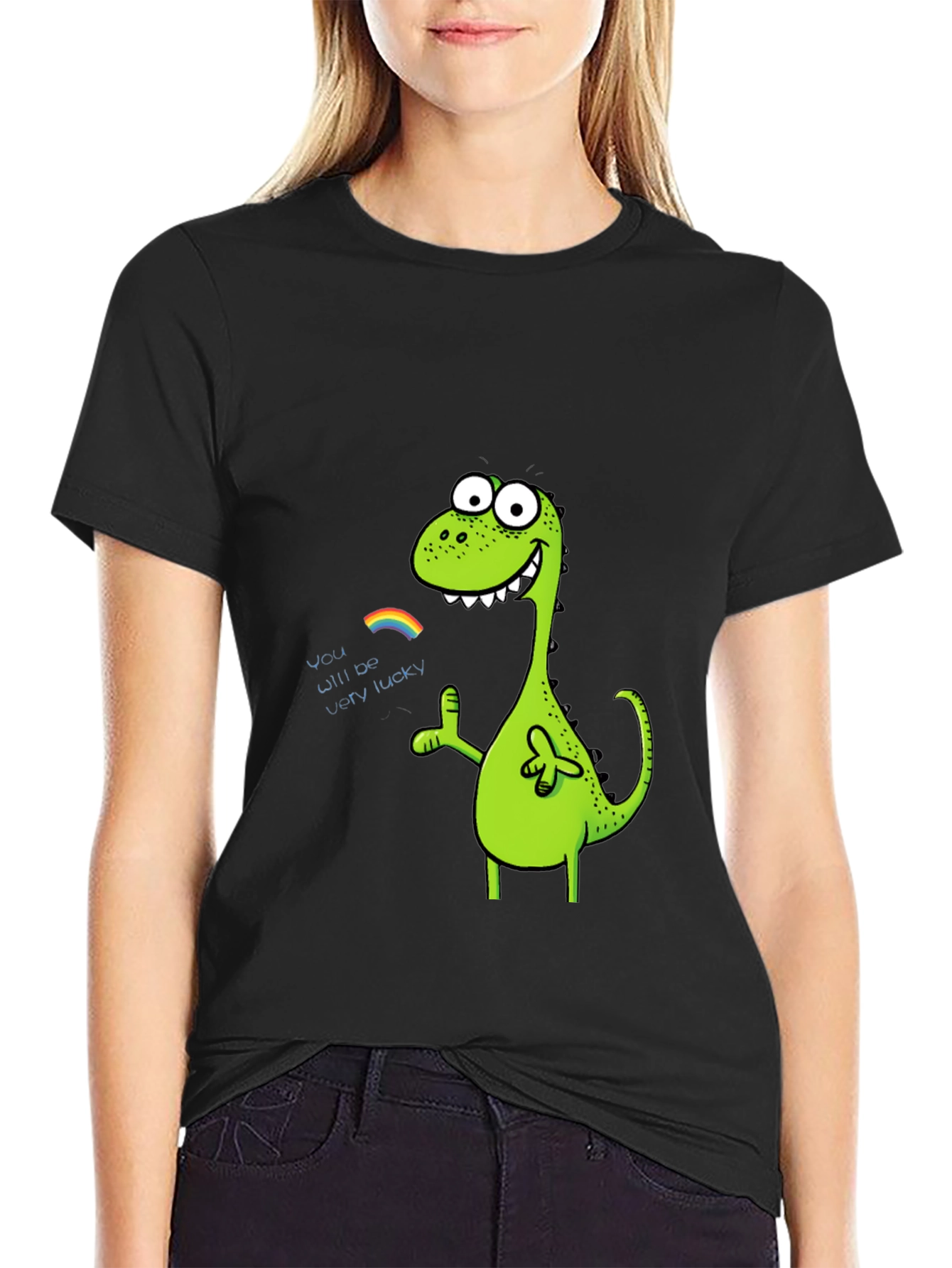 Black Lucky Dinosaur Graphic Tee - Black Cotton Blend view 2