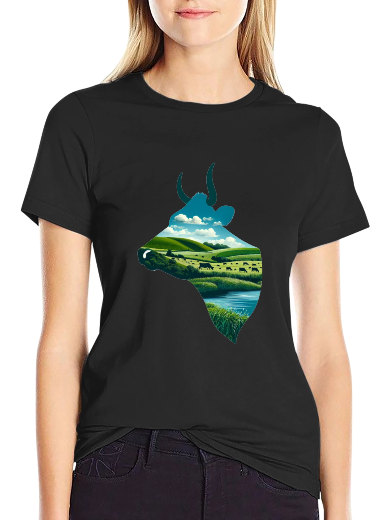 Black Cow Landscape Graphic Tee - Unique Men's Shirt view 2