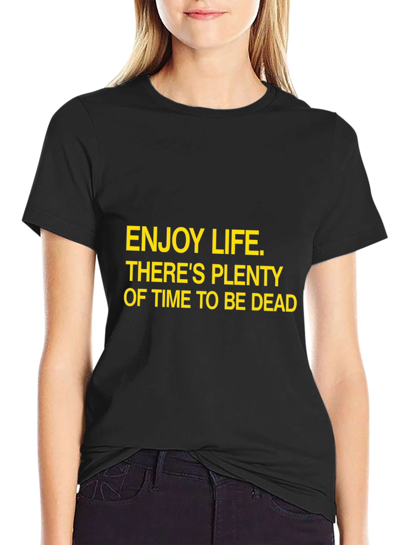 Black Enjoy Life Slogan T-Shirt - Black Cotton Crew Neck view 2