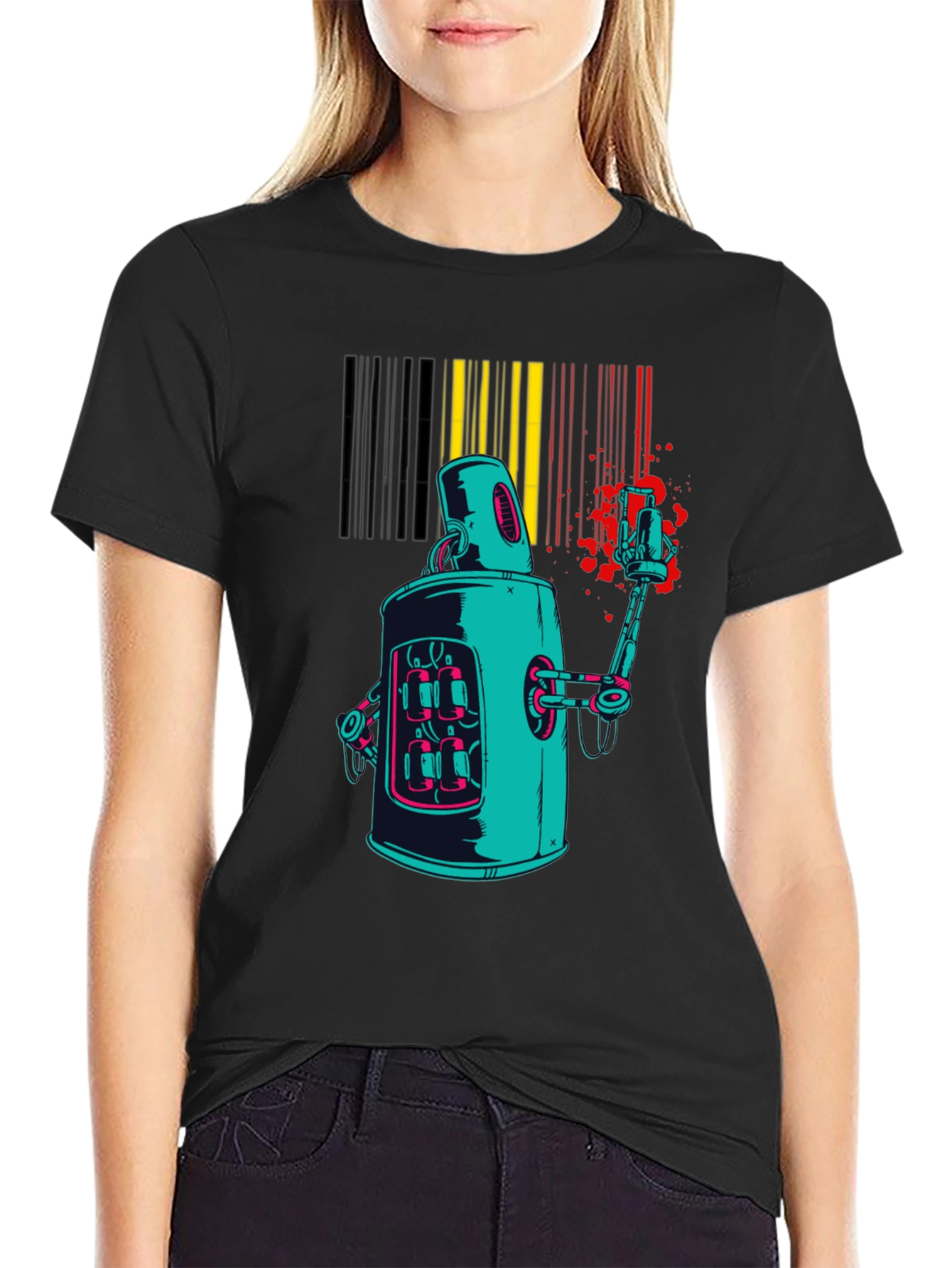 Black Retro Robot Graphic Print Black T-Shirt view 2