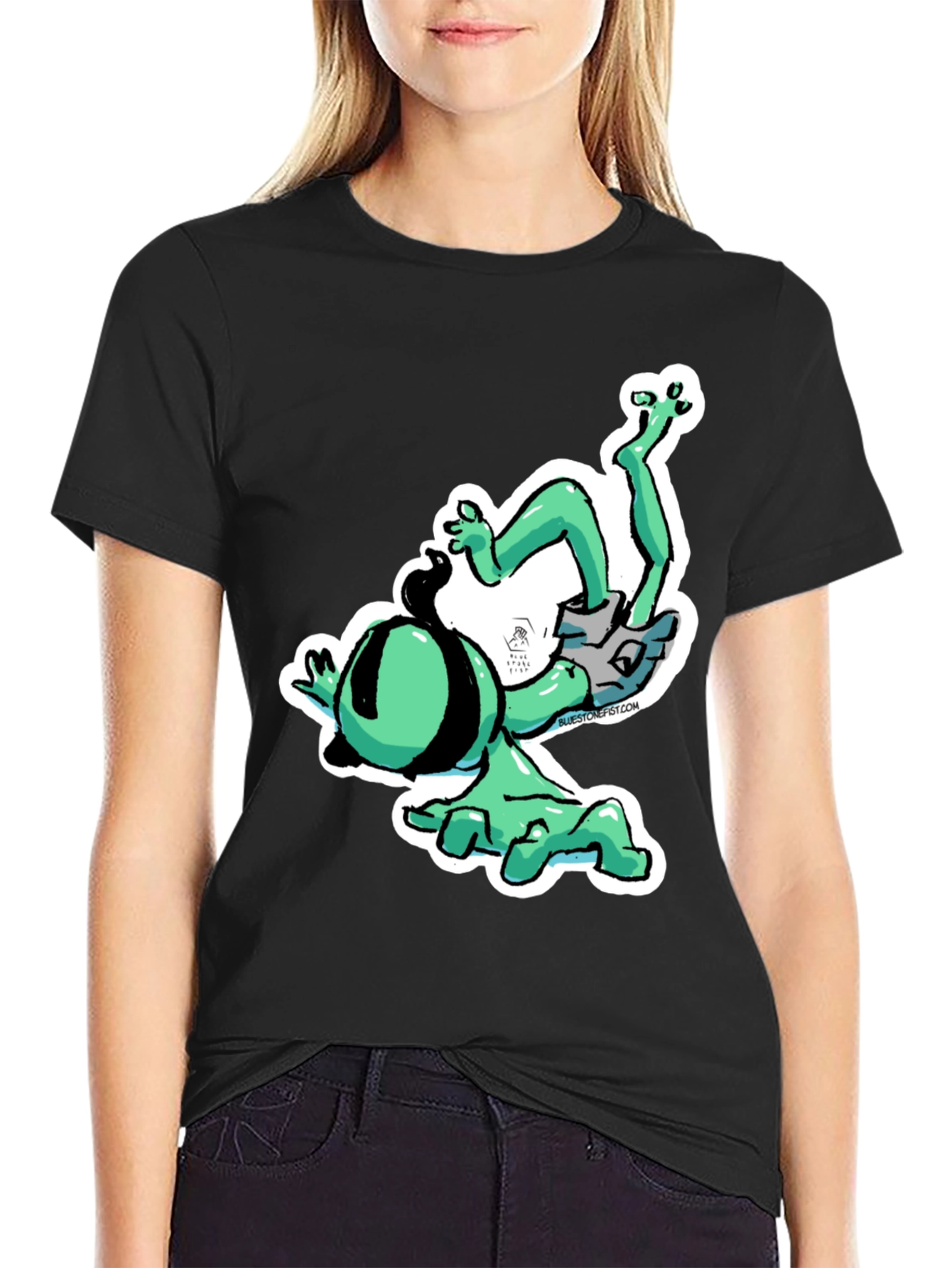 Black Funky Cartoon Alien T-Shirt - Black Cotton Blend view 2