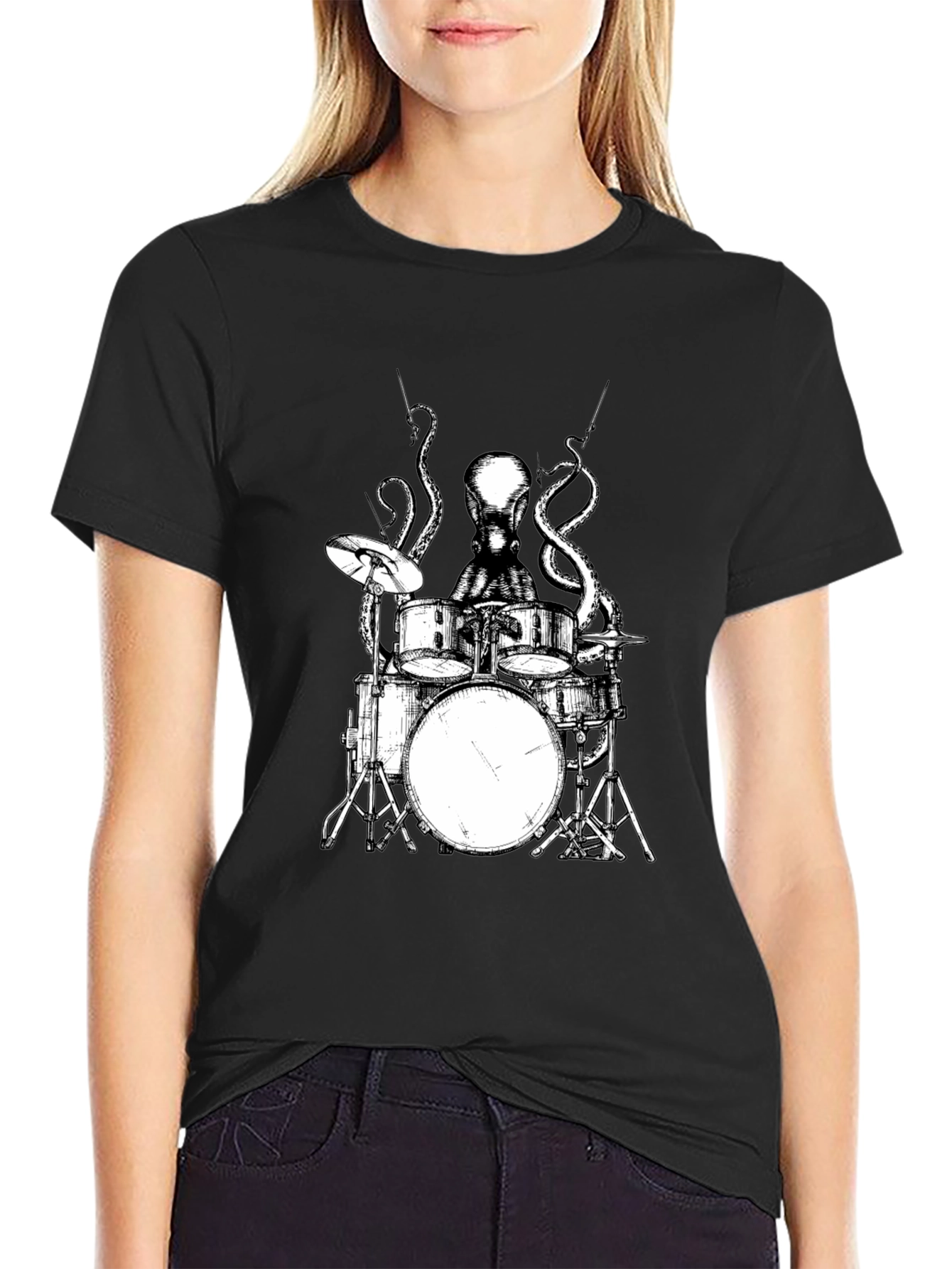 Black Octopus Drummer Graphic Tee - Black Cotton T-Shirt view 2
