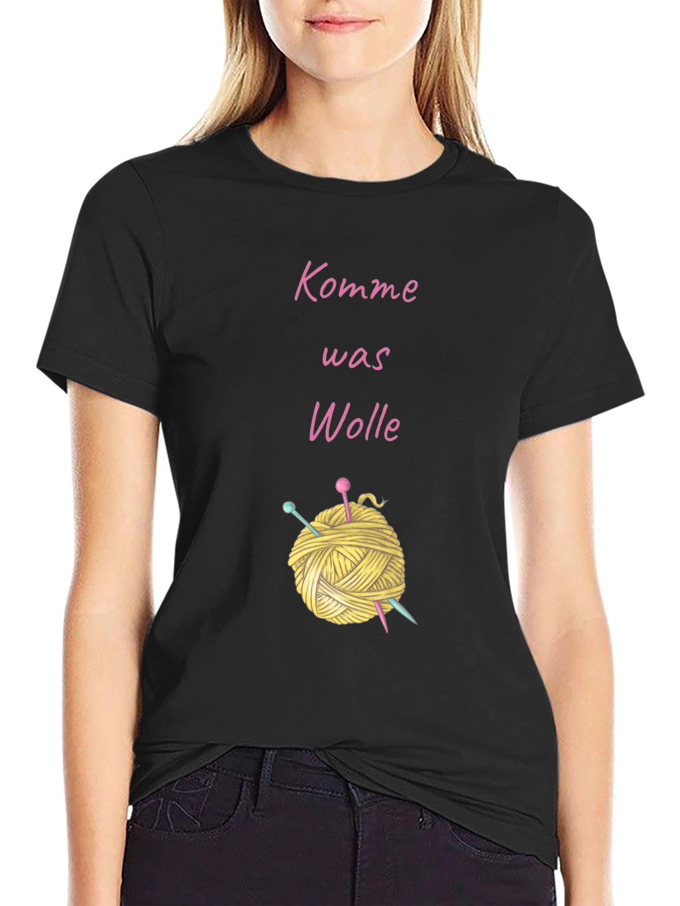 Black Knitting Lover's T-Shirt - "Komme Was Wolle" Yarn Design view 2