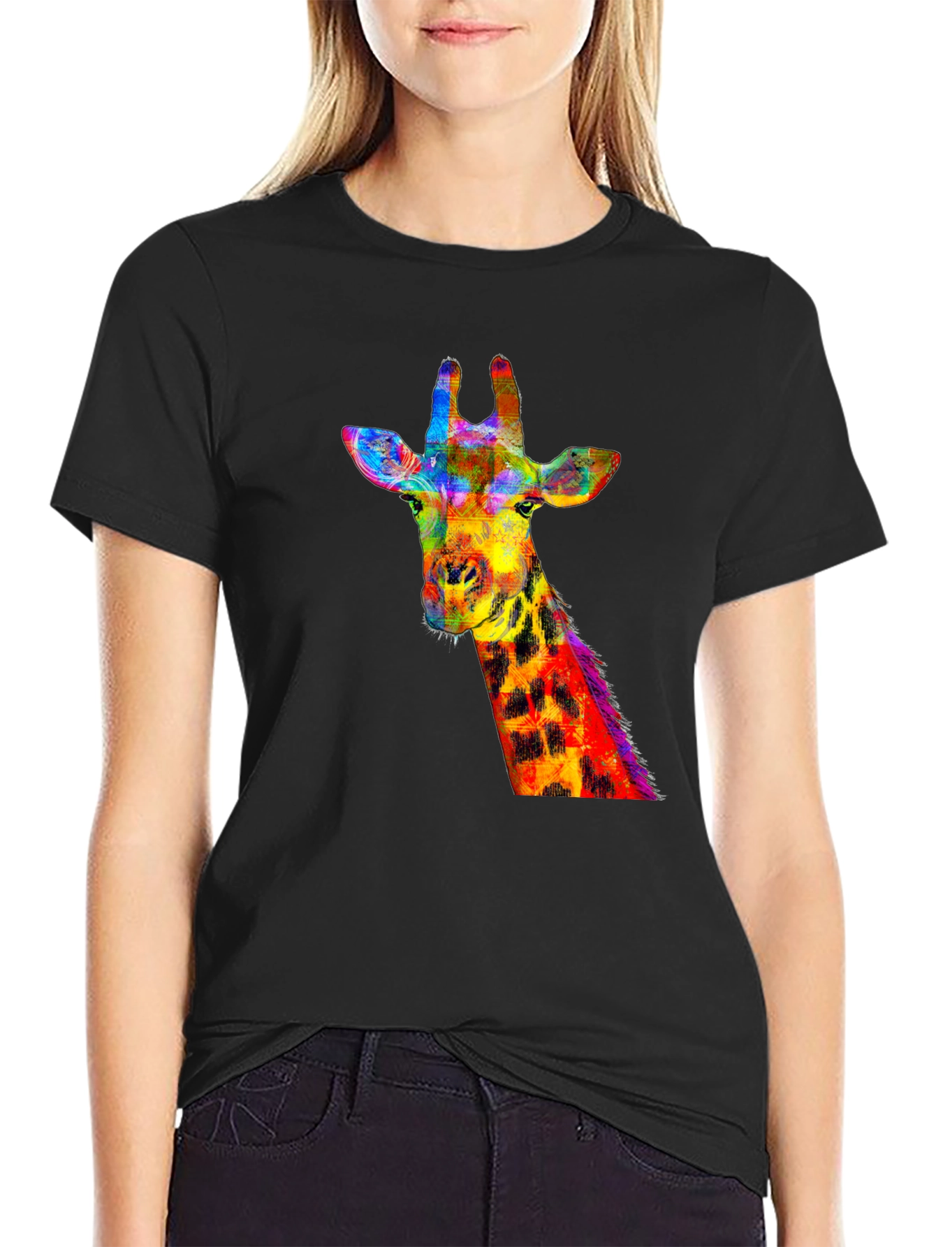 Black Vibrant Giraffe Graphic Tee - Stylish Black T-Shirt view 2