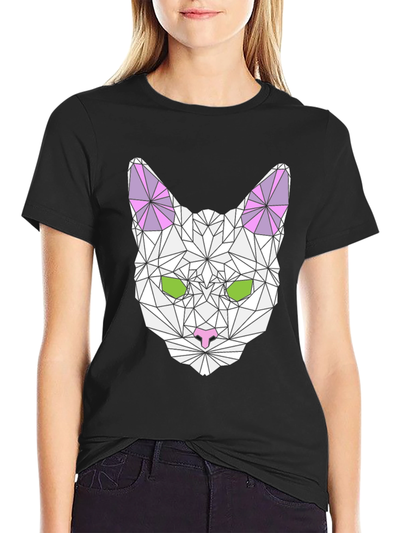 Black Geometric Cat Tee - Stylish Black T-Shirt view 2