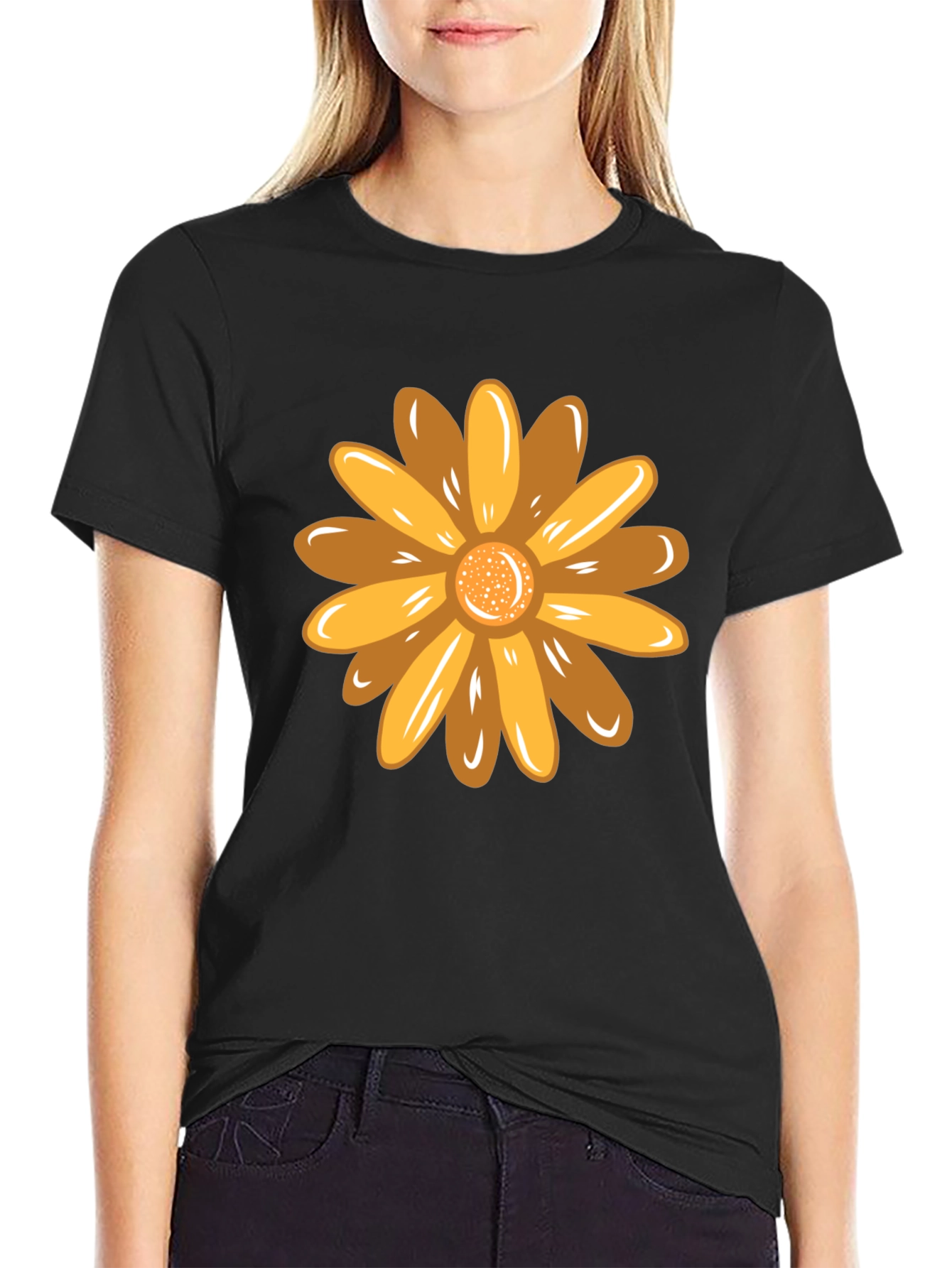 Black Golden Flower Graphic Black T-Shirt view 2