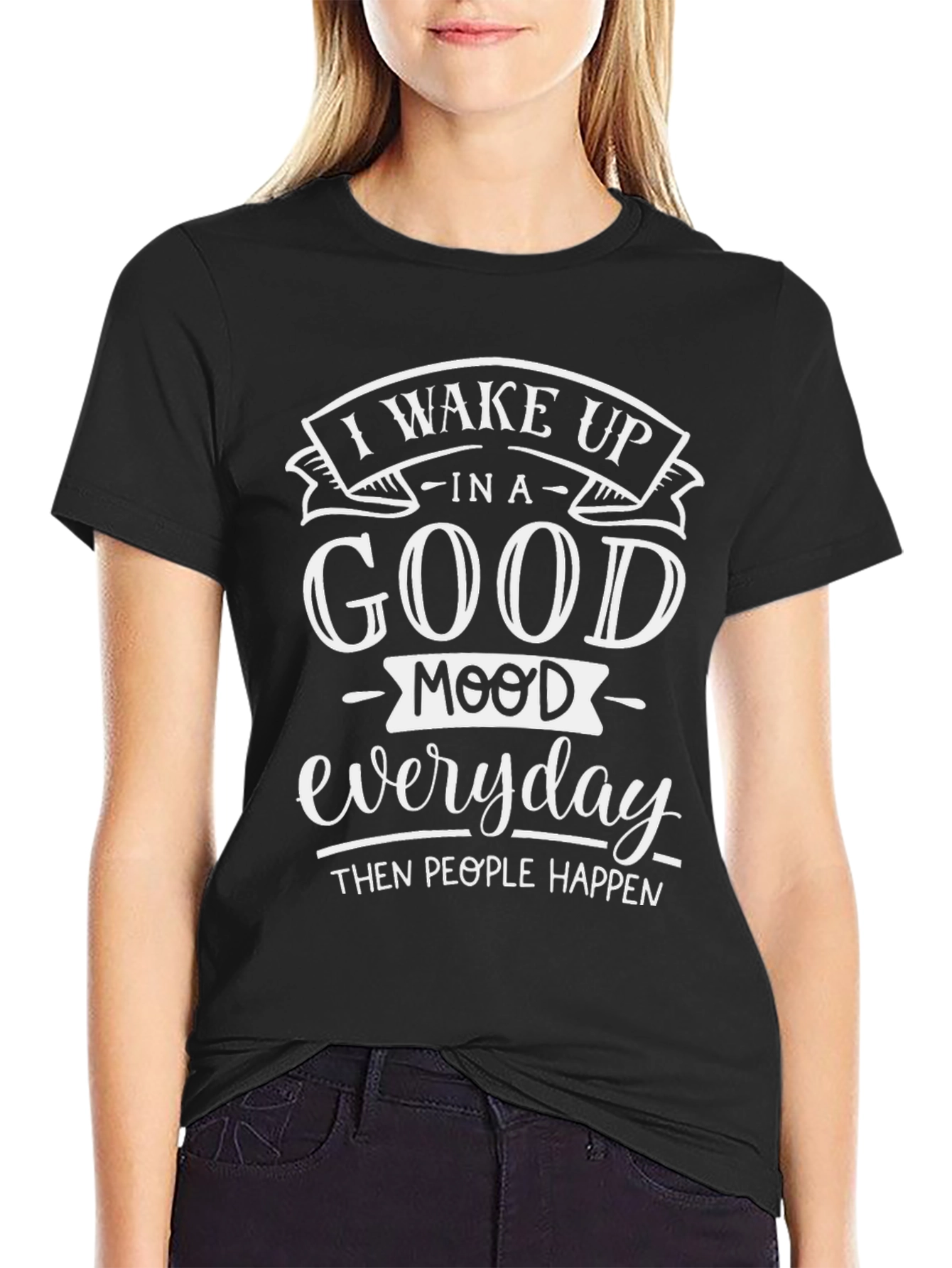 Black Good Mood Graphic Tee - Black Cotton Casual T-Shirt view 2