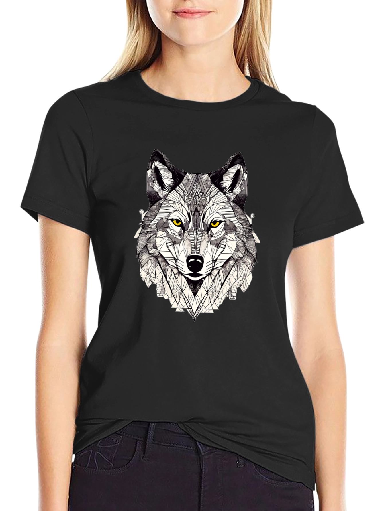 Black Geometric Wolf Graphic Print Black T-Shirt view 2