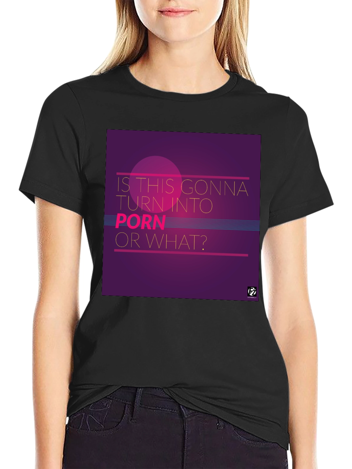 Black Retro "Porn?" Graphic Tee - Black Cotton Blend T-Shirt view 2