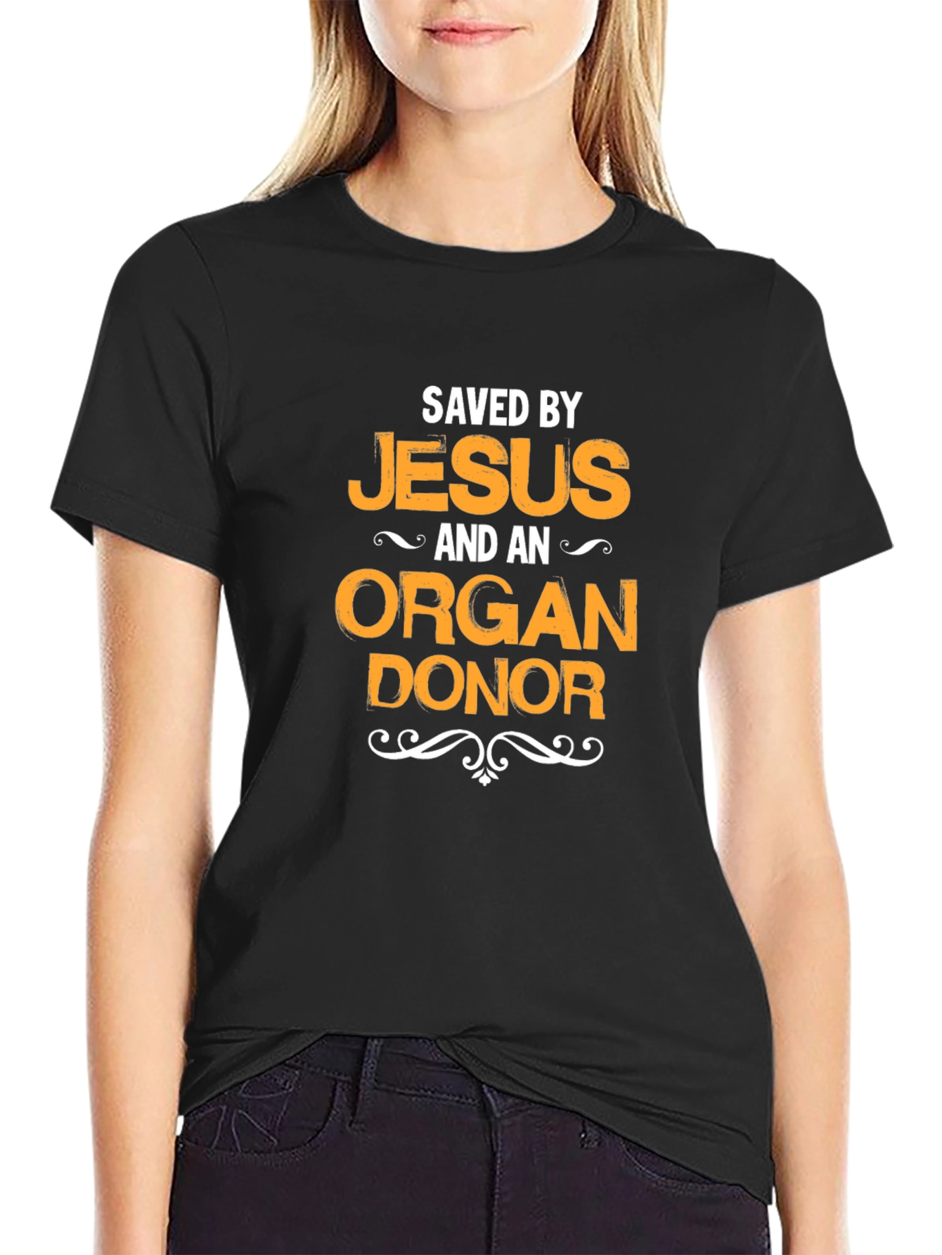 Black Saved By Jesus & Organ Donor Black T-Shirt view 2