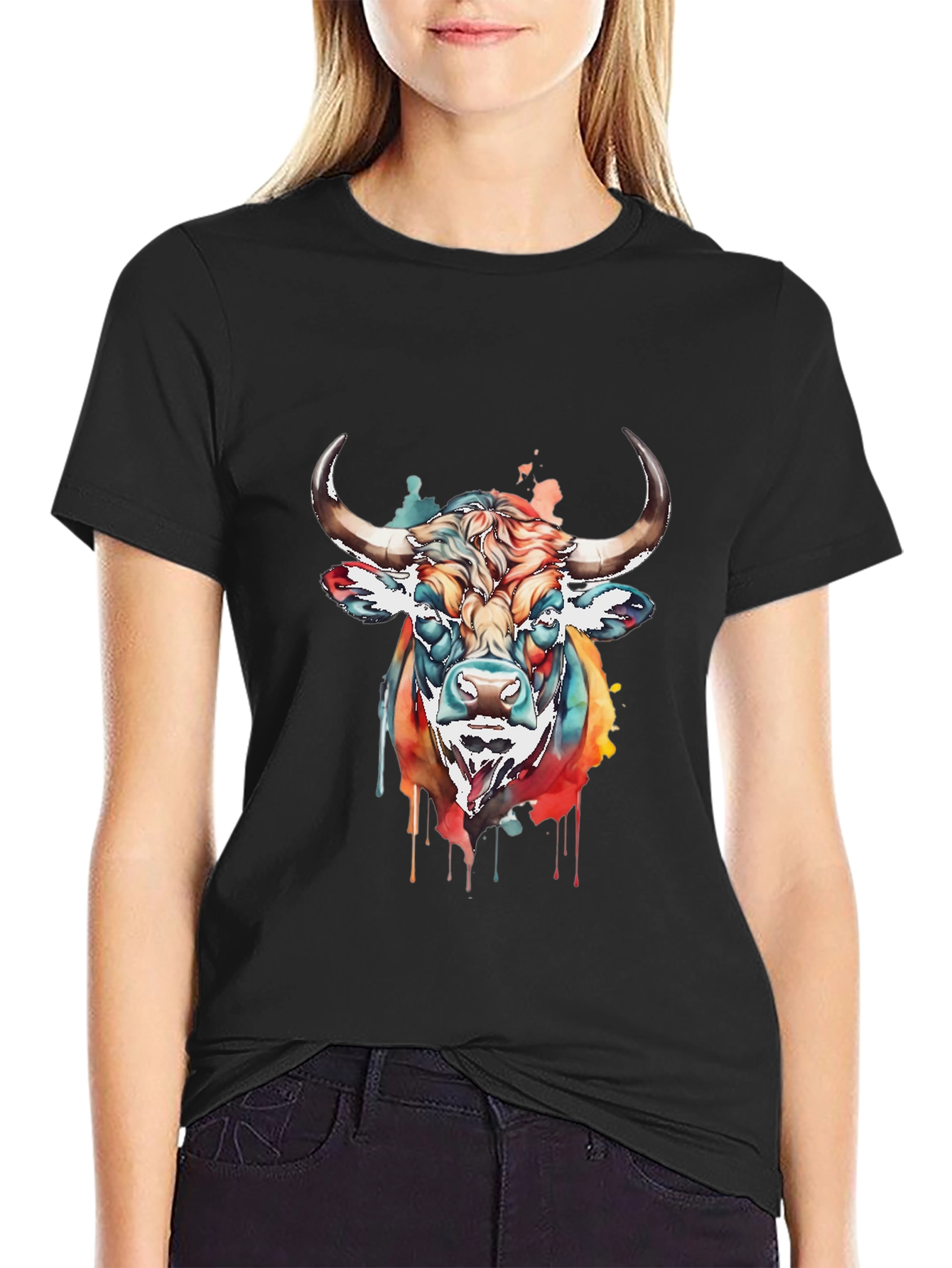 Black Colorful Bull Graphic Tee - Men's Black T-Shirt view 2