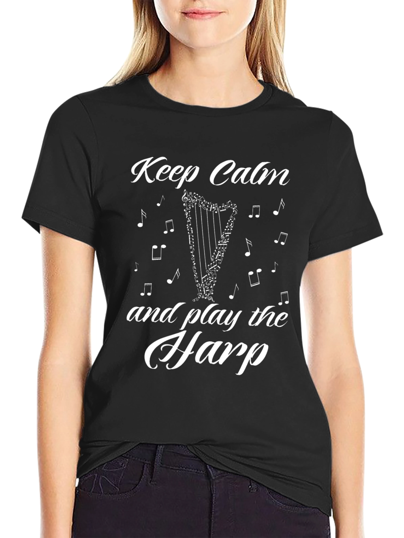 Black Keep Calm and Play the Harp T-Shirt - Black view 2