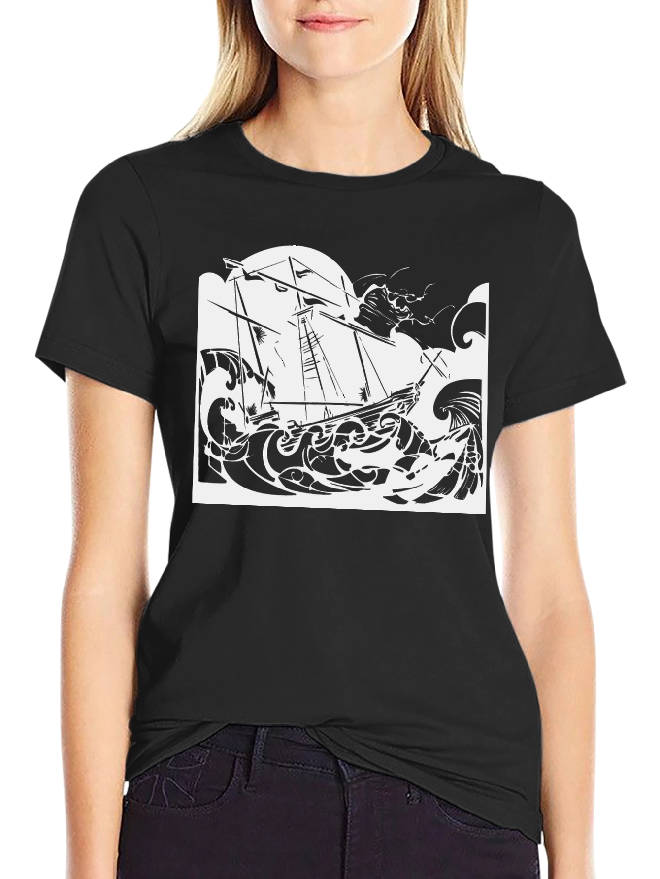 Black Nautical Ship T-Shirt Black Cotton Tee view 2