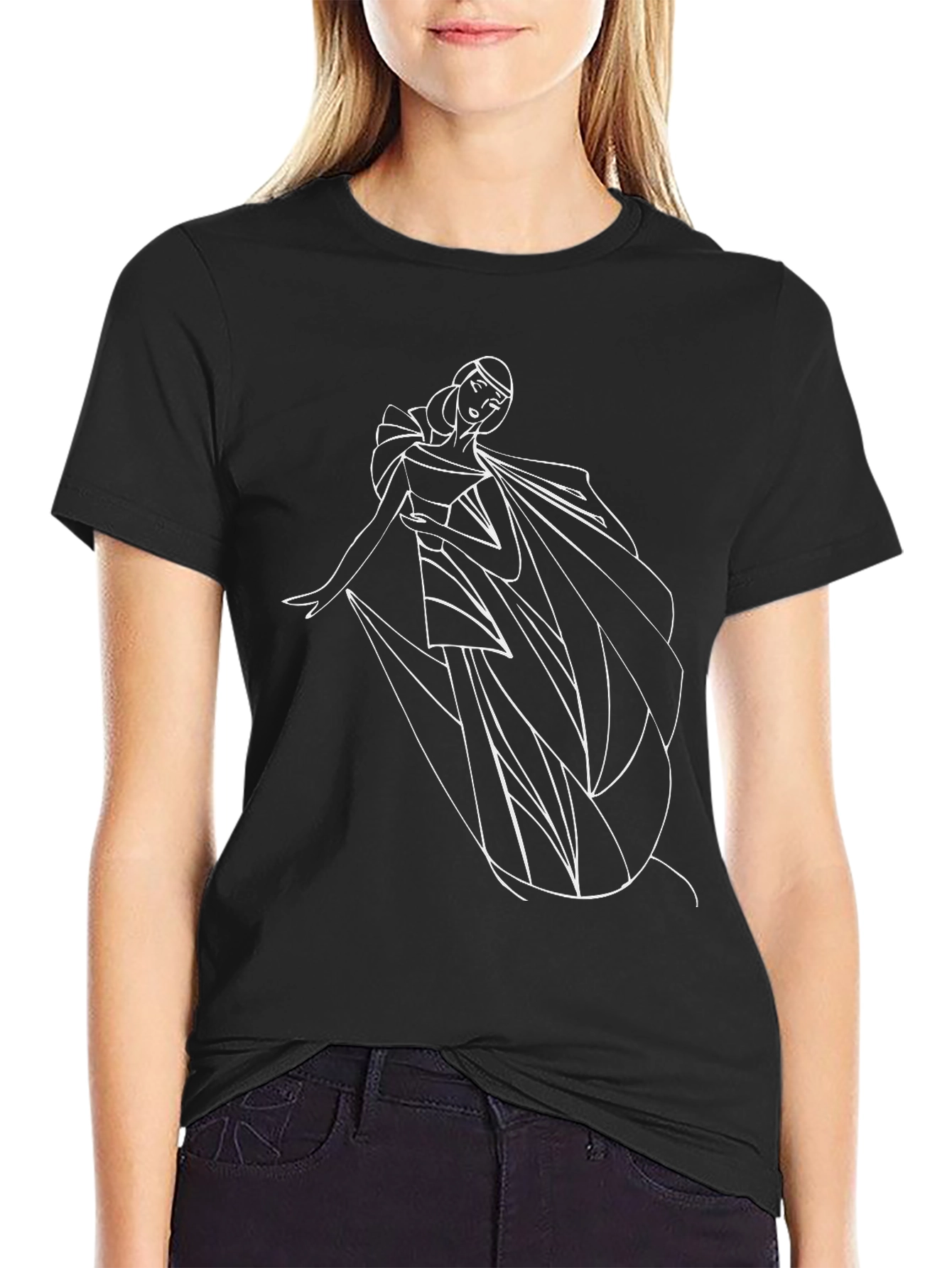 Black Elegant Woman Line Art Black T-Shirt view 2