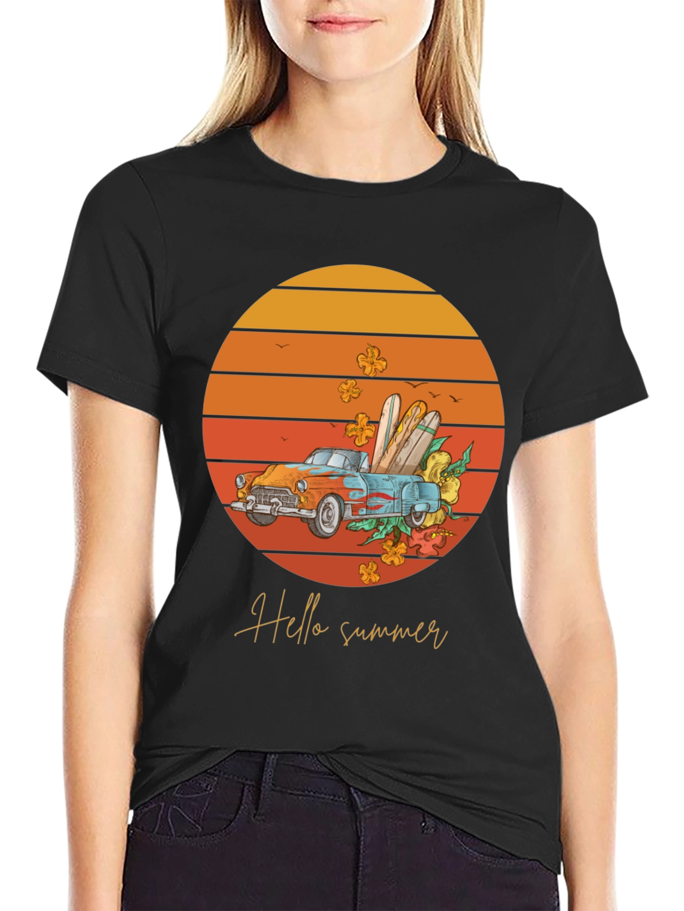 Black Hello Summer T-Shirt - Sunset Car Graphic Tee view 2