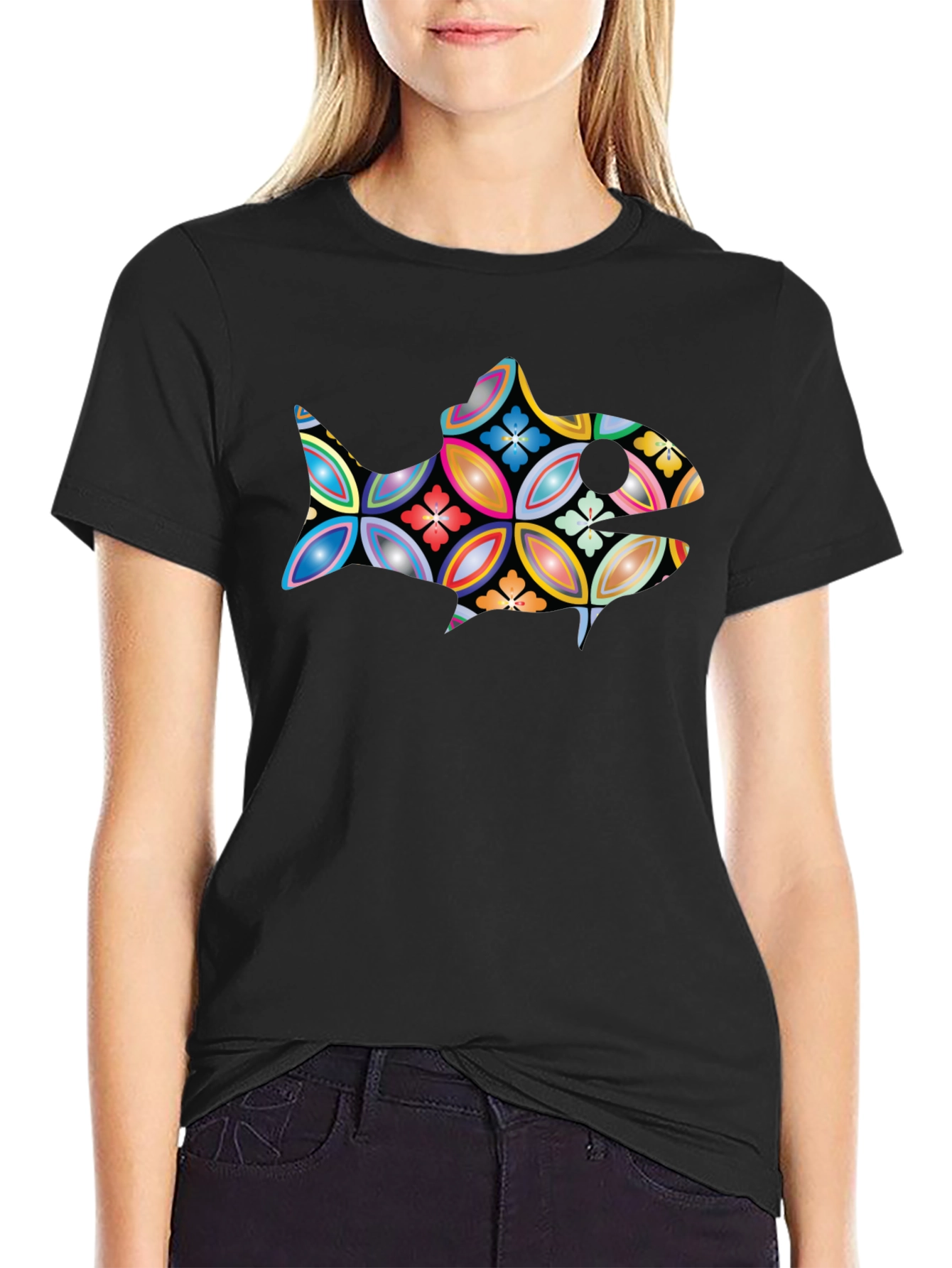 Black Abstract Fish Graphic Black T-Shirt view 2