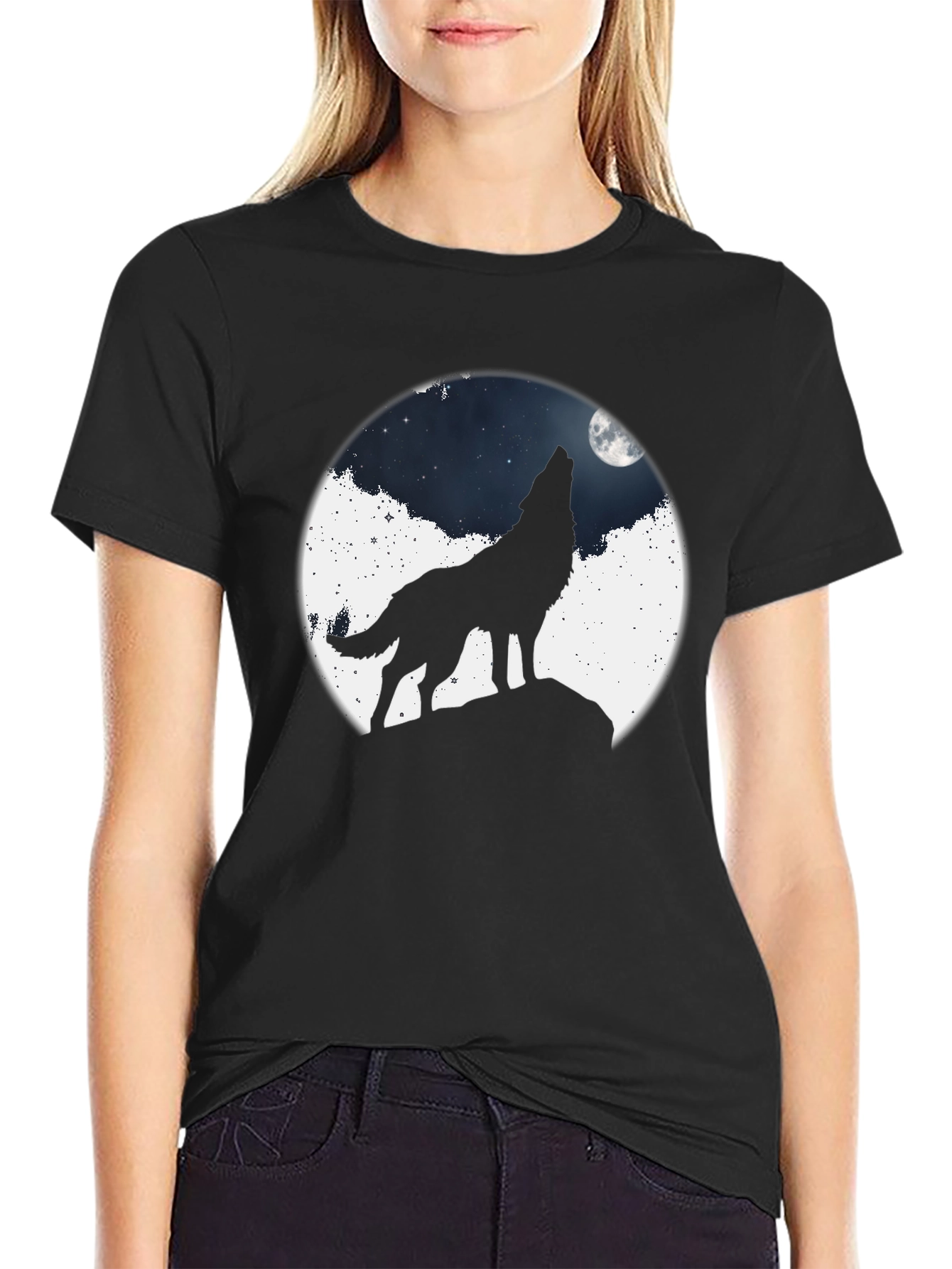 Black Wolf Howling at Moon Graphic T-Shirt view 2